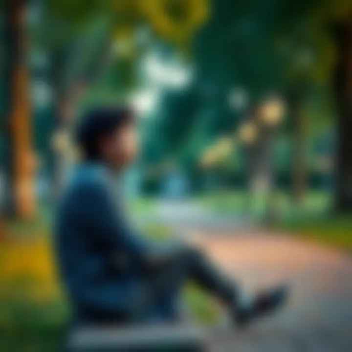 A person sitting quietly in a park, looking thoughtful about happiness without spending money.