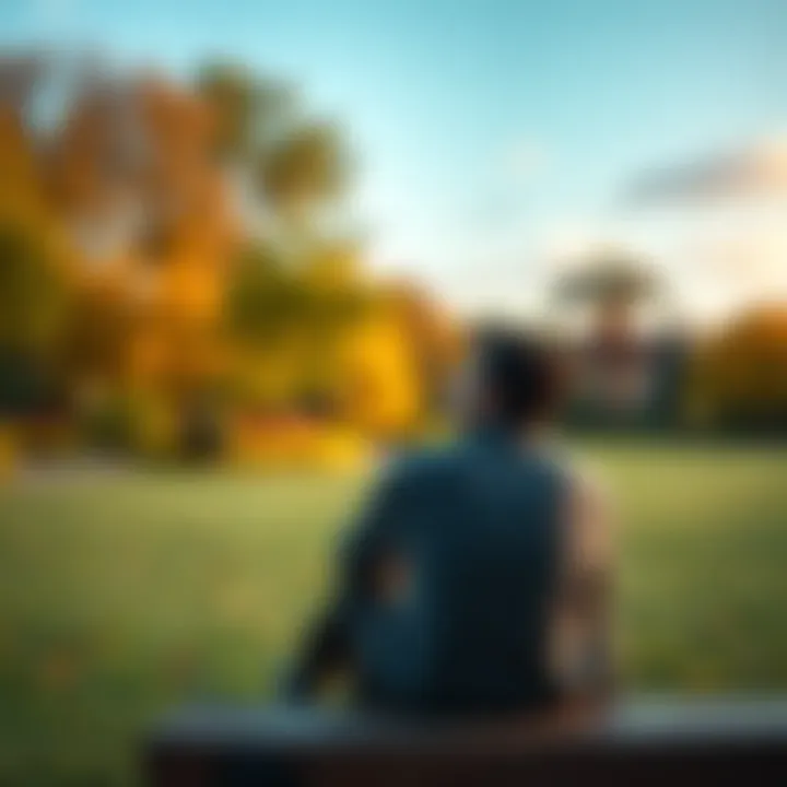 A person sitting alone in a park, looking thoughtful and slightly bored, surrounded by nature, symbolizing a journey to find joy after quitting gambling