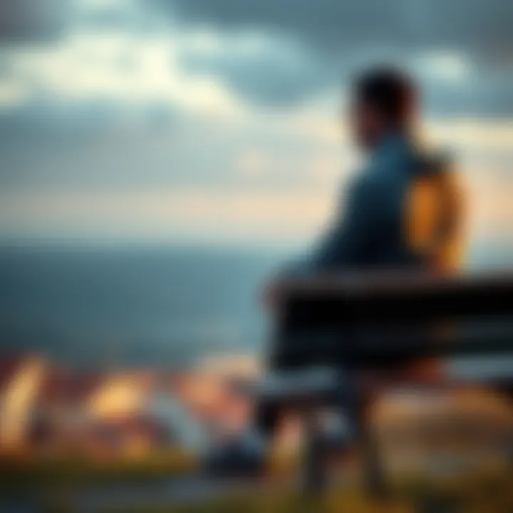 A person sitting on a bench, looking thoughtful while gazing at a distant horizon, symbolizing resilience in tough times.