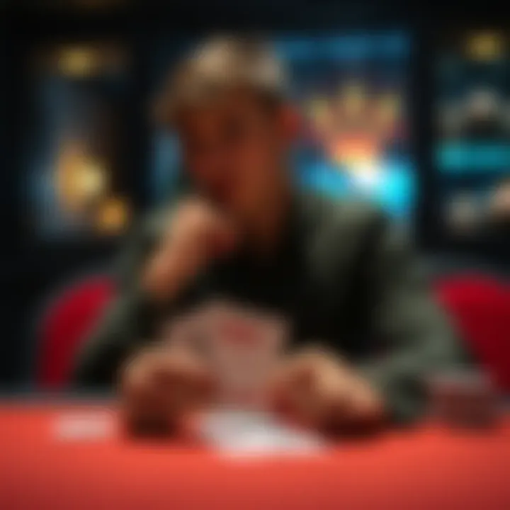 Person reflecting on life choices A person sitting at a table, looking thoughtfully with a deck of cards in front of them, symbolizing the struggle between gambling and real life opportunities.