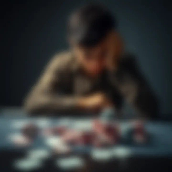A person sitting alone at a table, looking down with a distressed expression, surrounded by gambling chips and empty cards, representing loss and struggle with addiction.
