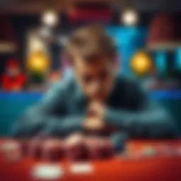 A person sitting at a table with a worried expression, surrounded by playing cards and game chips, symbolizing the struggle with gambling addiction.