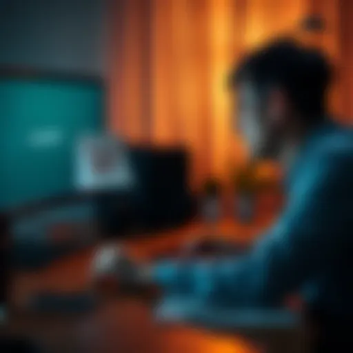 Person reflecting on overcoming gambling addiction A person sitting at a desk, looking contemplative, with a calendar showing 27 days marked off, symbolizing their journey to resist gambling, while a computer screen shows a 'login disabled' message.