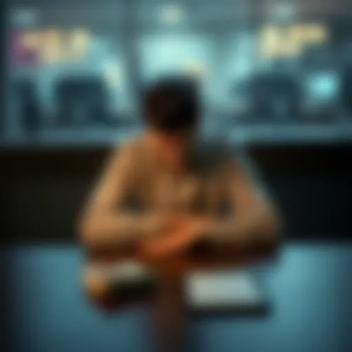 A person sitting alone at a table, looking somber and contemplative, symbolizing the struggle against gambling addiction and debts, with a stack of bills and a notepad in front of them.