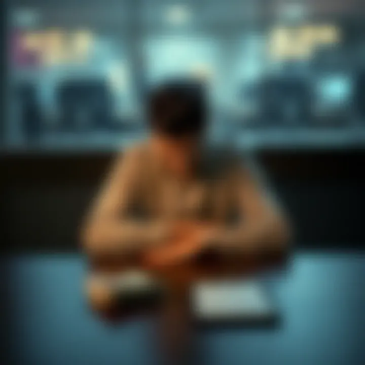 A person sitting alone at a table, looking somber and contemplative, symbolizing the struggle against gambling addiction and debts, with a stack of bills and a notepad in front of them.