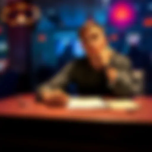 Individual sitting at a table, looking thoughtful with a notepad and pen, symbolizing the struggle against online gambling addiction.