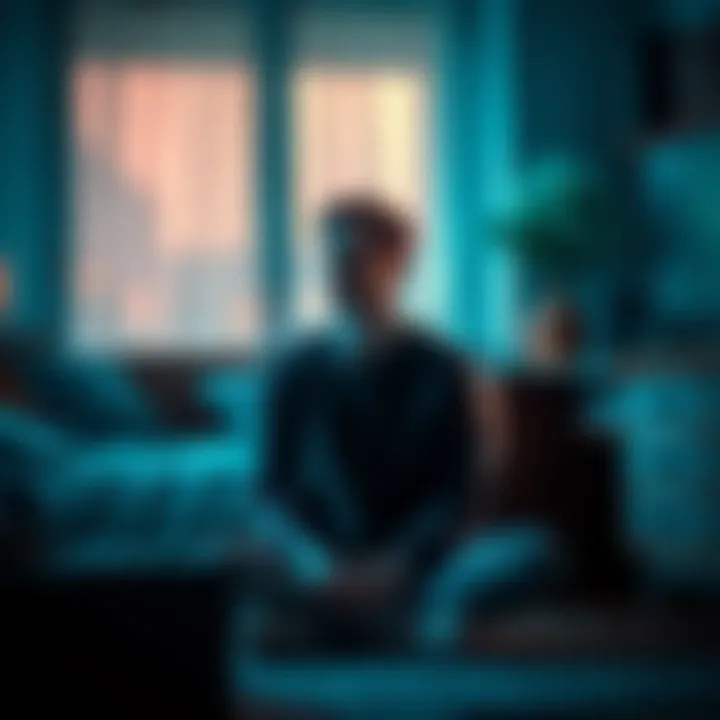 A person sitting alone in a cozy room, looking contemplative and thoughtful, symbolizing their struggle with online gaming addiction and recent progress, with a hopeful yet pensive expression.