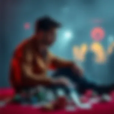 A person sitting alone, looking thoughtful and pensive, surrounded by gambling items like cards and dice, symbolizing a struggle with quitting gambling.