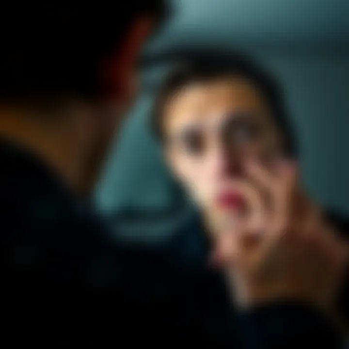 A person looking into a mirror with a thoughtful expression, contemplating their self-image and feelings of self-doubt.