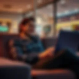 A person sitting comfortably with a laptop, smiling while looking at betting tips on the screen, showing calmness and focus.