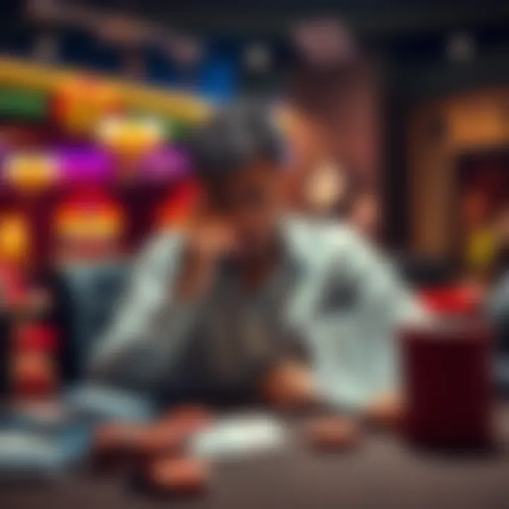 Person resisting gambling temptations A person sits at a table with casino-themed items, looking determined while pushing away promotional offers for gambling. They show visible signs of struggle but remain focused on resisting the tempta...