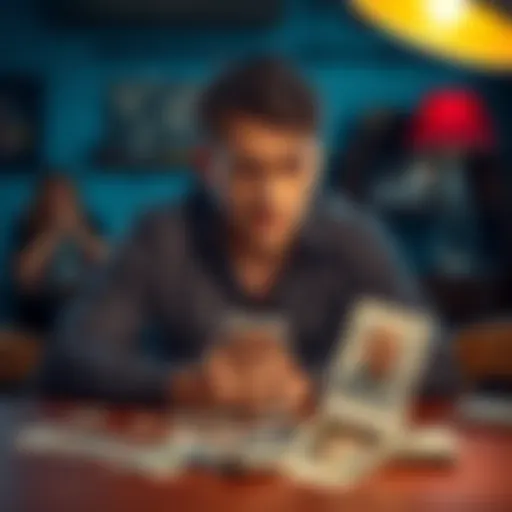 A person sitting at a table with a worried expression, looking at a stack of bills and a broken family photo, symbolizing struggles with gambling addiction and a plea for support.