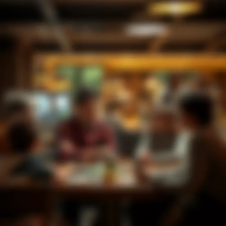A person sitting at a table with family, discussing their struggle with gambling addiction and seeking support