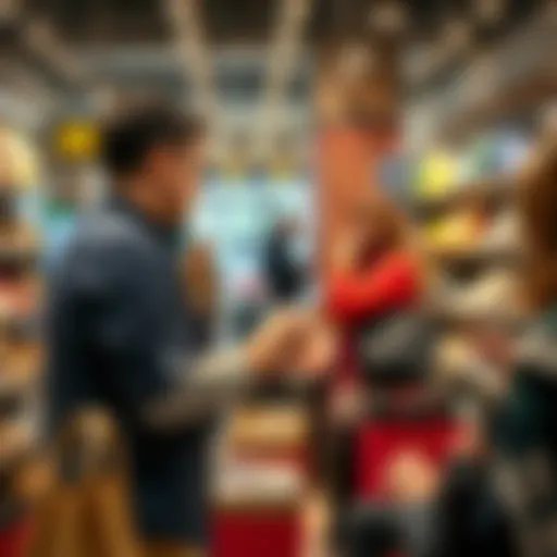 A person engaging with customers in a retail setting, showcasing various products for sale.
