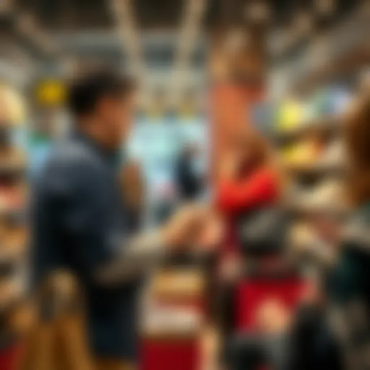 A person engaging with customers in a retail setting, showcasing various products for sale.