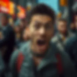 Person shouting in surprise A person with an intense expression shouting 'You can't do this to me!' in a crowded area, surrounded by onlookers showing concern.