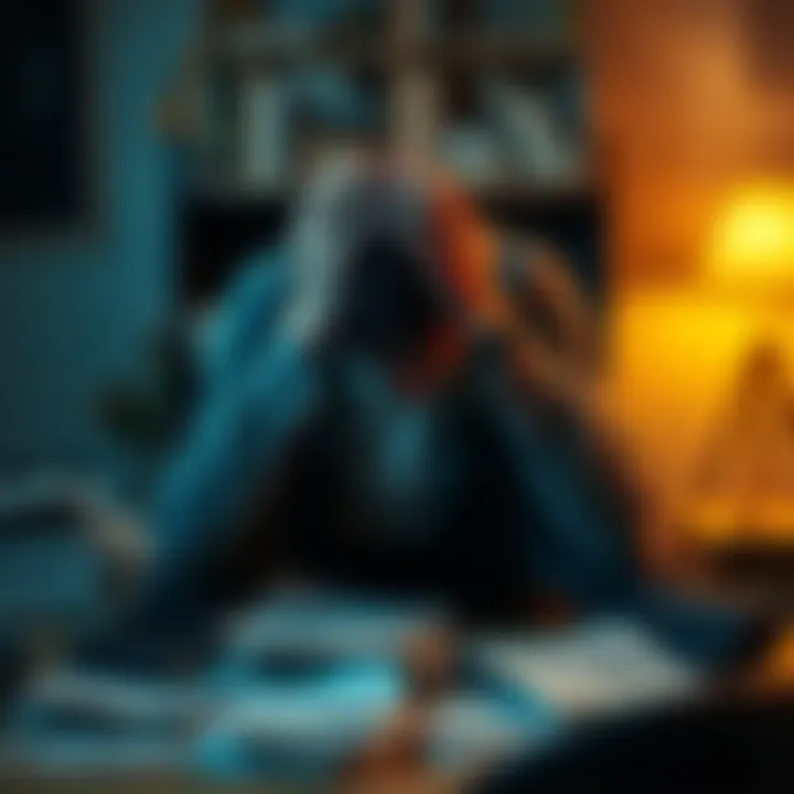 A person in distress sitting with their head in their hands, surrounded by papers and bills, reflecting emotional turmoil and struggles with debt and unemployment.