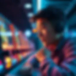 A person looking at a gaming screen with a thoughtful expression, deciding to stop playing and withdraw money