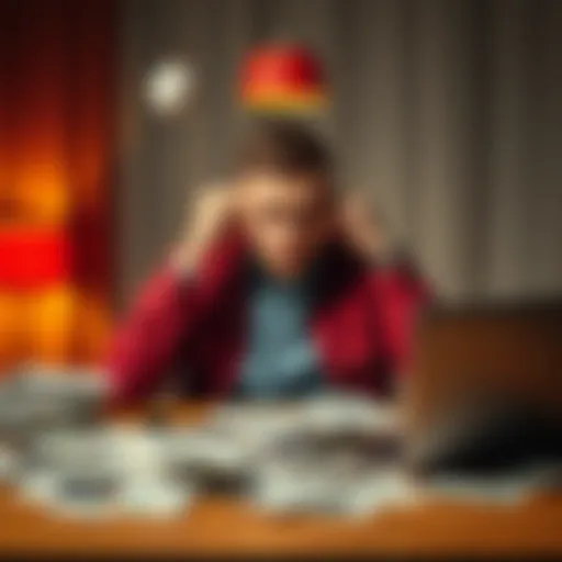 A worried individual sitting at a table surrounded by credit card bills and a laptop, looking anxious about their financial situation due to gambling debts.