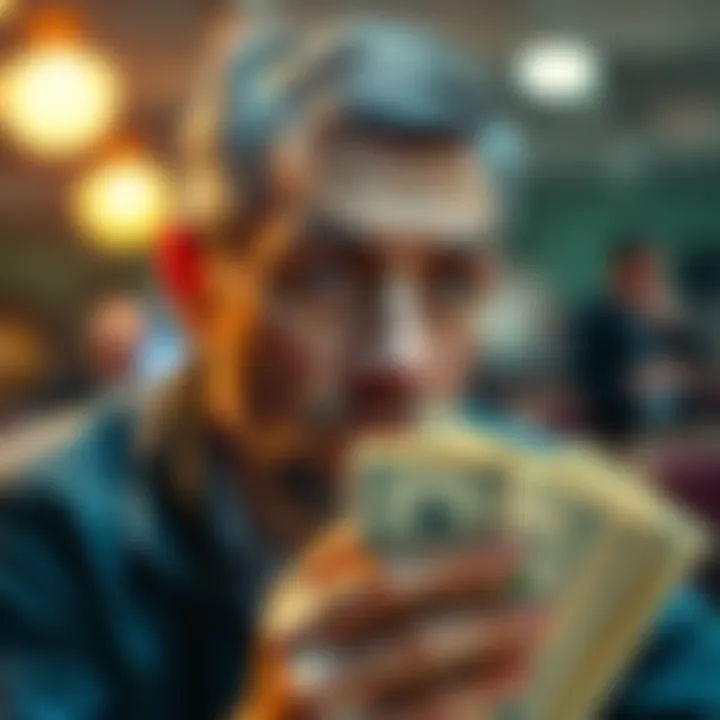 A man looks worried while holding a stack of bills, showing signs of financial stress due to gambling addiction.