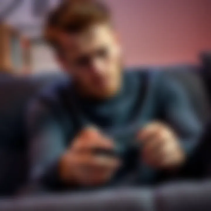 A person sitting on a couch, looking conflicted while holding a game controller. Their facial expression shows a mix of pain and determination to stop playing.