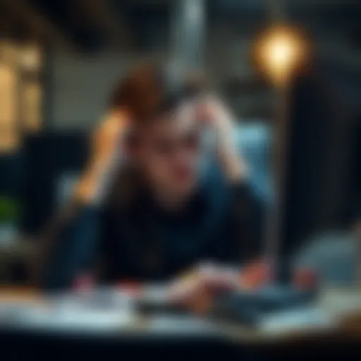 A stressed individual at an office desk, looking at a computer with a worried expression, symbolizing the impact of gambling addiction on work life.