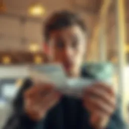 A person with a shocked expression checking their bank statement, realizing they mistakenly requested a refund after seeing unexpected money in their account.
