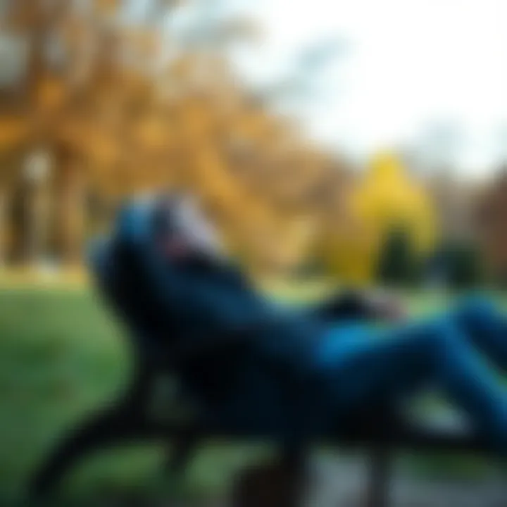 Individual relaxing in a serene park setting, reflecting on recent losses and considering a pause for recovery.