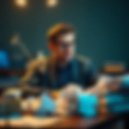 A person sitting at a desk with a thoughtful expression, surrounded by crumpled papers, indicating the struggle with originality and idea sharing.