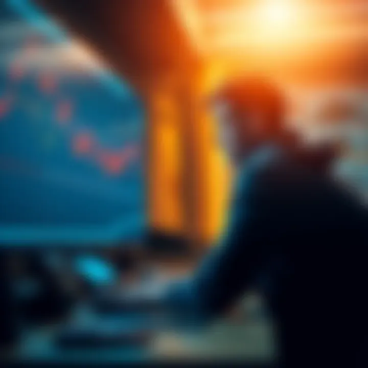 A person sitting at a desk with a worried expression, staring at a trading screen filled with graphs and numbers, symbolizing the struggle with gambling temptation.