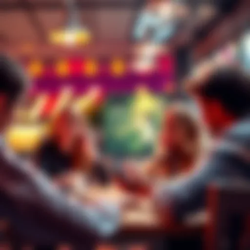 Person using a popular app A person looking at their phone, curious about a popular app in the top 10 list, discussing experiences and rules with friends around a table.