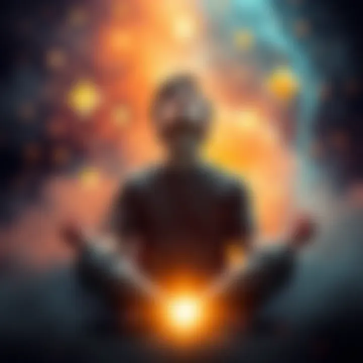 A person sitting cross-legged with eyes closed, surrounded by uplifting symbols like stars and dreams, representing manifestation and personal growth.