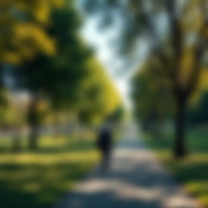 A person enjoys a peaceful stroll in a sunny park surrounded by trees and fresh air