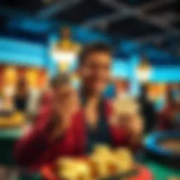 Individual smiling and holding cash at a casino after winning with a small bet