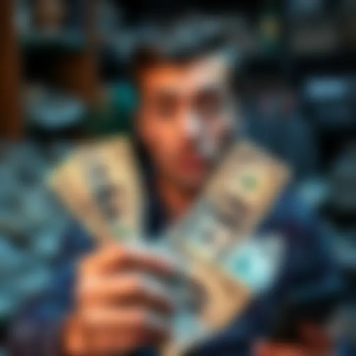 A person looking worried while holding three dollar bills, surrounded by bills and a calculator, reflecting on managing finances until payday.