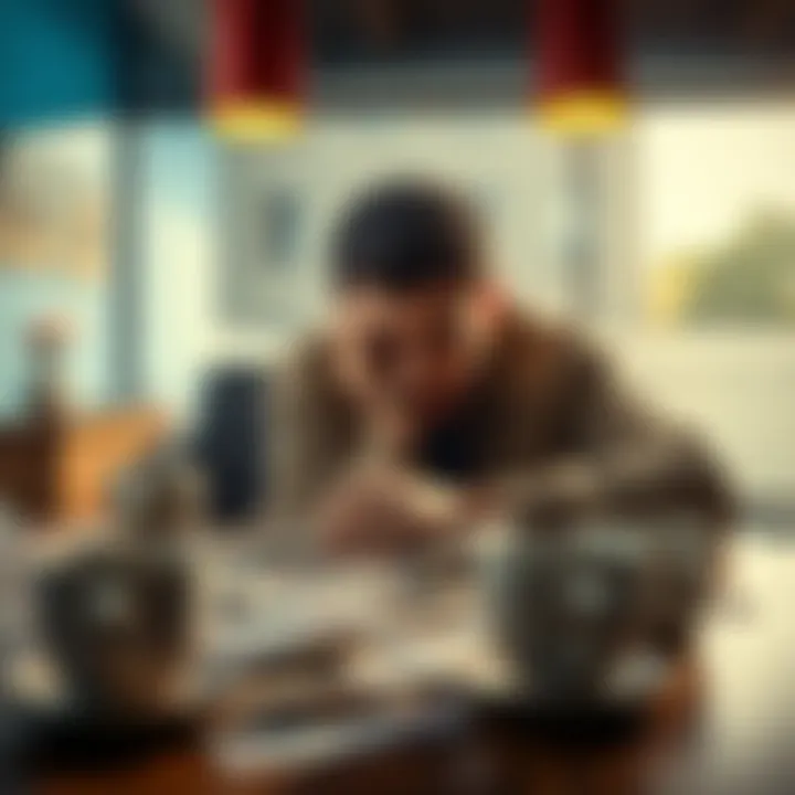 A person with a stressed expression sits at a table filled with gambling bills and empty coffee cups, showing the consequences of gambling on their life.