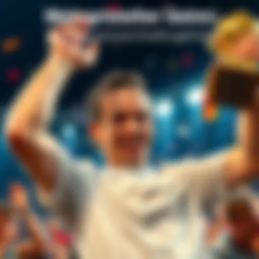 A person celebrating a big win with a trophy in hand, smiling joyfully.