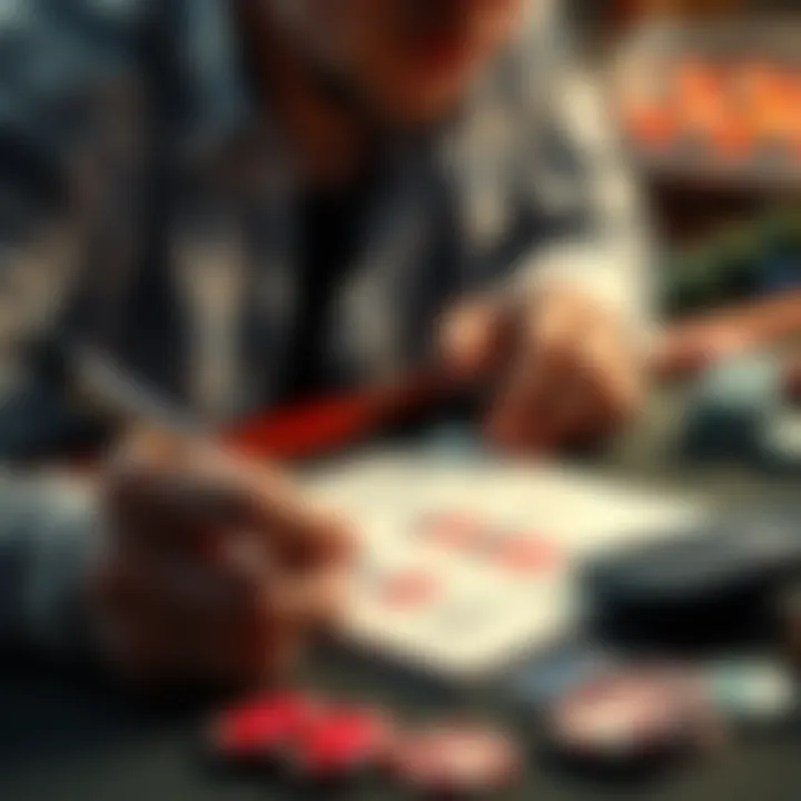 A person examining their gambling results, showing wins and losses on a notepad with a calculator and poker chips nearby.