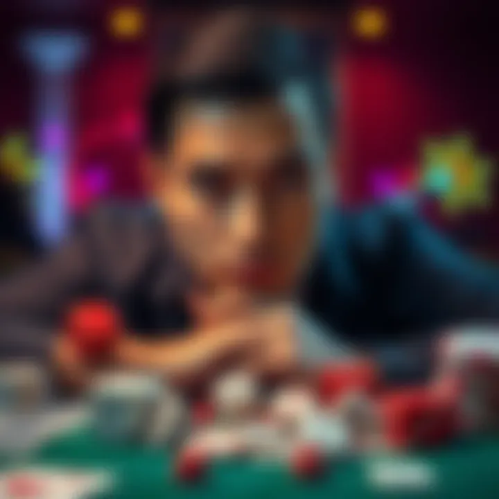 A person reflecting on their gambling losses with a thoughtful expression, surrounded by dice and cards.