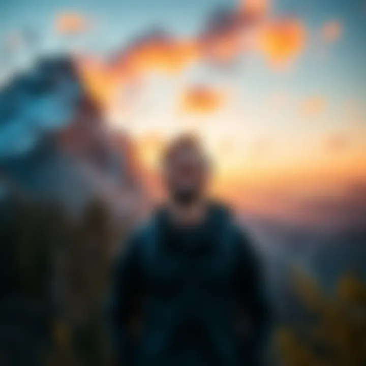 A person looking hopeful and smiling, standing in front of a mountain, symbolizing overcoming challenges after recovering from gambling addiction.