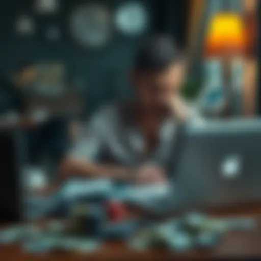 Personal struggles with debt and gambling A person sitting at a table with bills and a laptop, looking stressed and worried about finances