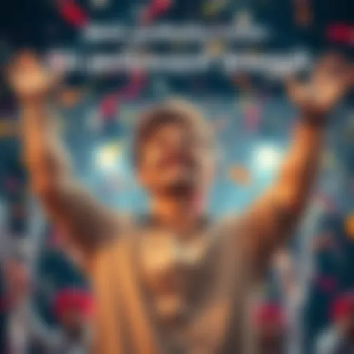 A person joyfully celebrating a big win with arms raised and a smile, surrounded by confetti and decorations, symbolizing success and achievement.