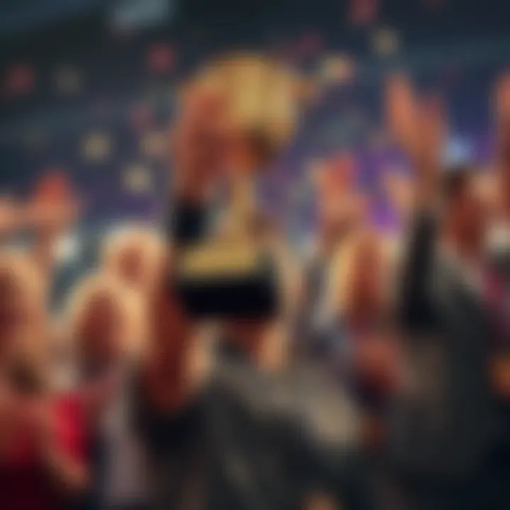 A person holding a trophy with a big smile, symbolizing personal achievements and triumphs, surrounded by friends cheering.