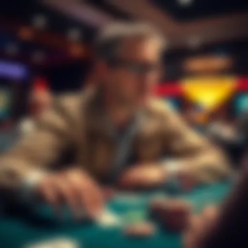 Phil Helmuth focused at a poker table during a game, surrounded by chips and cards.