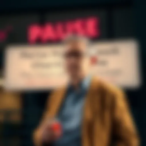 Philanthropist standing in front of a charity sign, sharing news about taking a break from donations, expression thoughtful