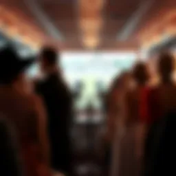 Elegant attendees dressed in formal wear at the Pinnacle Suite during Belmont Stakes at Saratoga, with horse racing in the background.