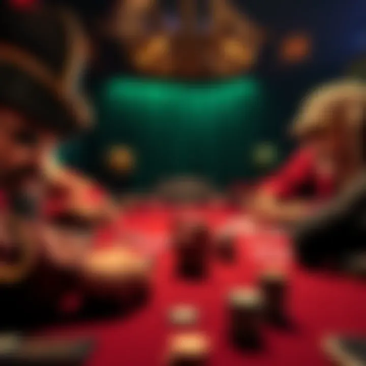 Players compete in a pirate-themed poker game with cards and chips on a table