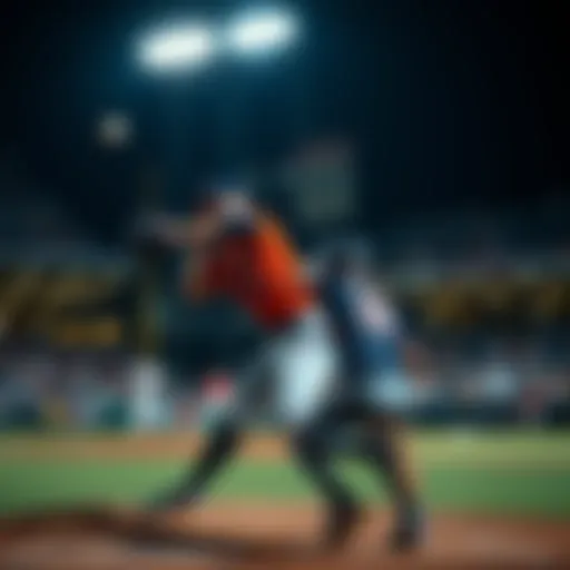 A baseball pitcher throwing a fastball to a batter in a night game under stadium lights