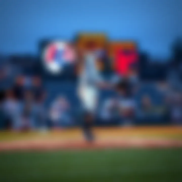 A young pitcher throws a baseball from the mound with a focused expression, while teammates and coaches watch from the sidelines, with a scoreboard in the background showing the game in progress.