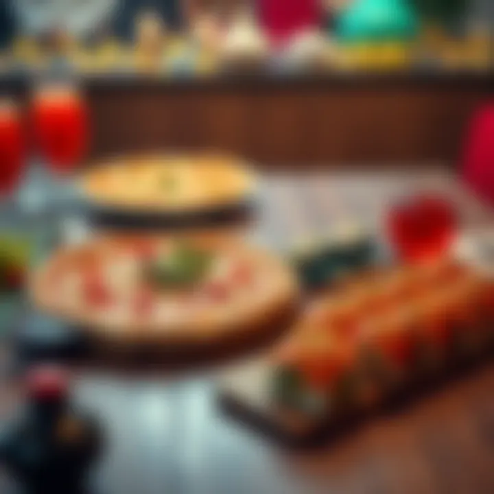 Pizza and Sushi Celebration Meal A table set with a large pizza and sushi rolls, showcasing a festive celebration meal after winning the lottery.